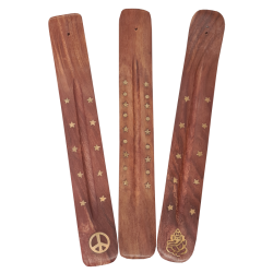 Räucherstäbchenhalter aus Holz mit Sterne, Mond und anderen Symbolen