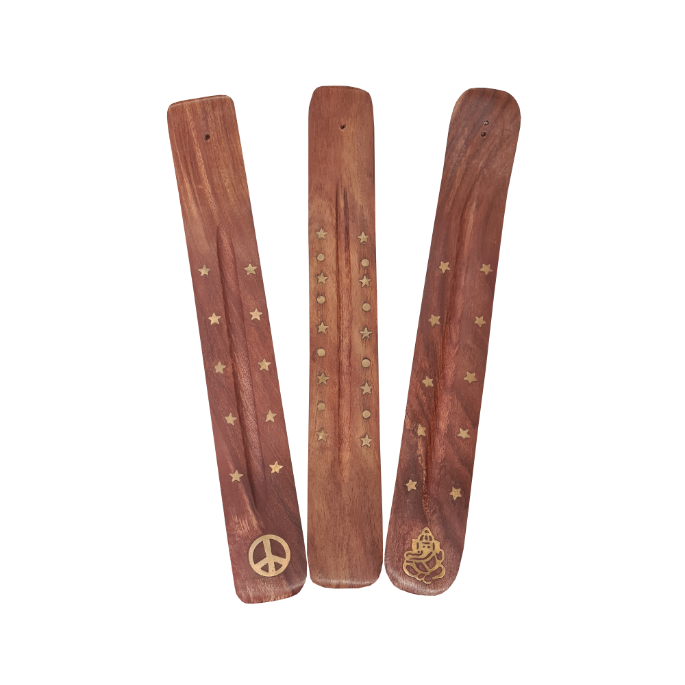 Räucherstäbchenhalter aus Holz mit Sterne, Mond und anderen Symbolen