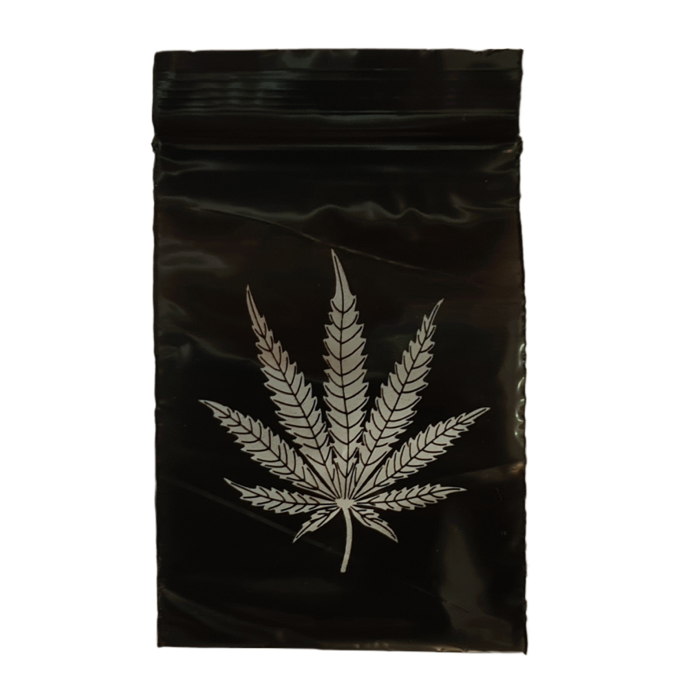 Schnellverschlußbeutel Schwarz mit Hanfblatt 60x80mm, 100Stk.