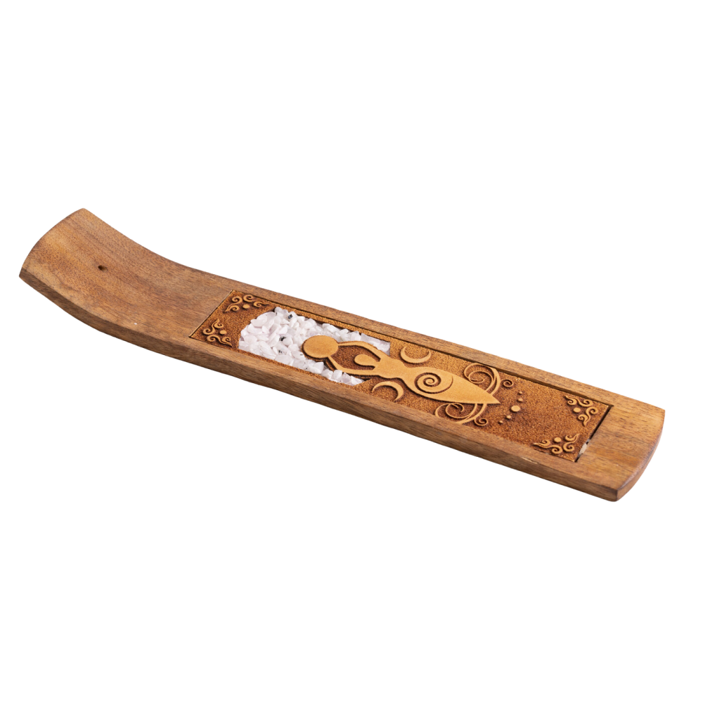 Déesse de la lune avec pierre de lune arc-en-ciel, Support en bois pour bâtonnets d'encens