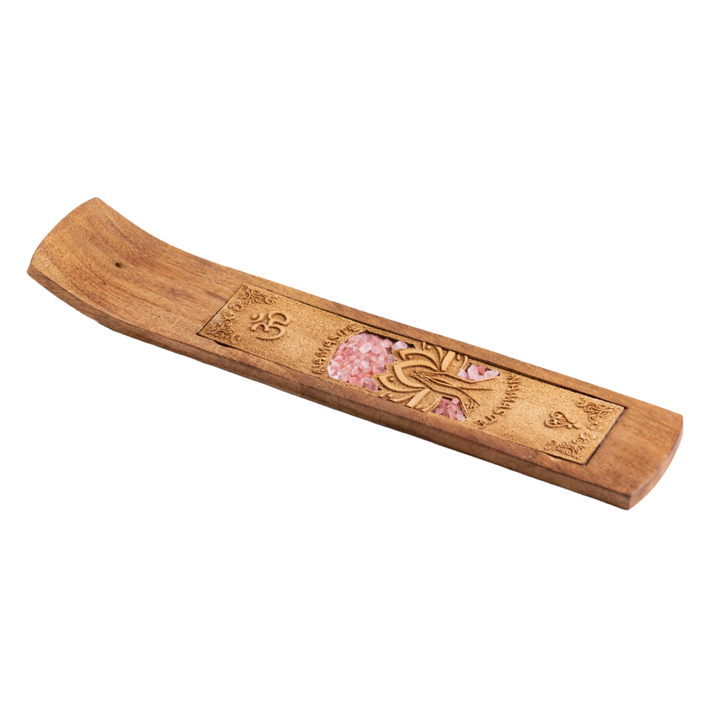 Namaste avec quartz rose, Support en bois pour bâtonnets d'encens