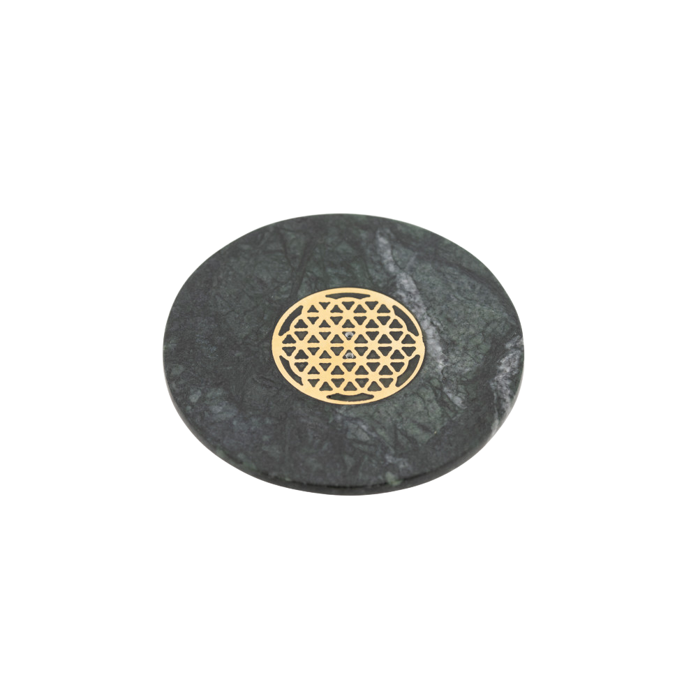 Berk Flower of Life incense stick holder made of green marble with brass inlay