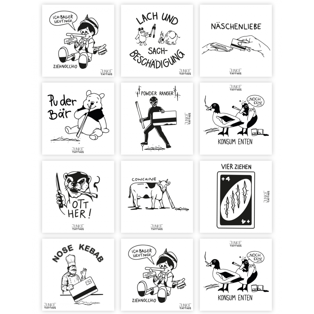 Junkie Tattoos - Sticker pack, 20 stickers, 10 designs, 10x10cm