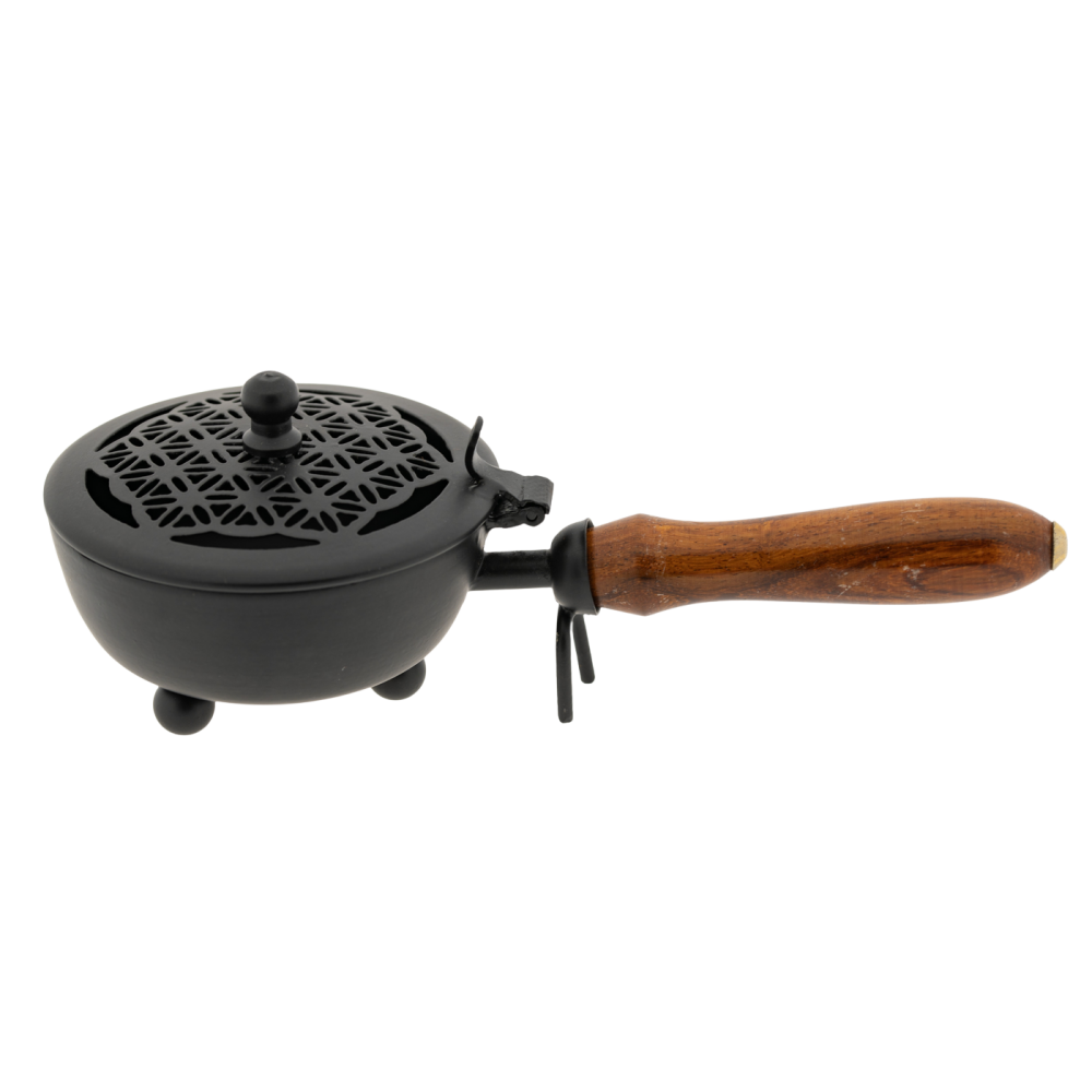 Carrying vessel Flower of Life – iron incense burner with wooden handle
