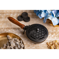 Carrying vessel Flower of Life – iron incense burner with wooden handle