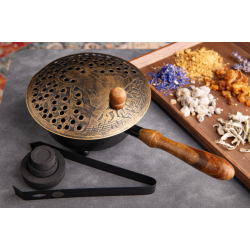 Tragegefäß Buddha – Räucherpfanne aus Eisen mit Holzgriff